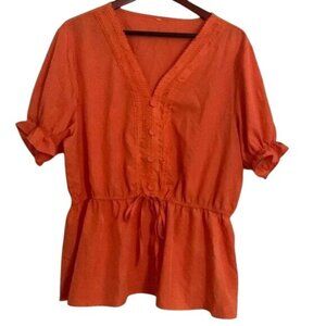 Orange Peplum Blouse Ruffle Sleeve V-Neck 4XL Cotton Blend